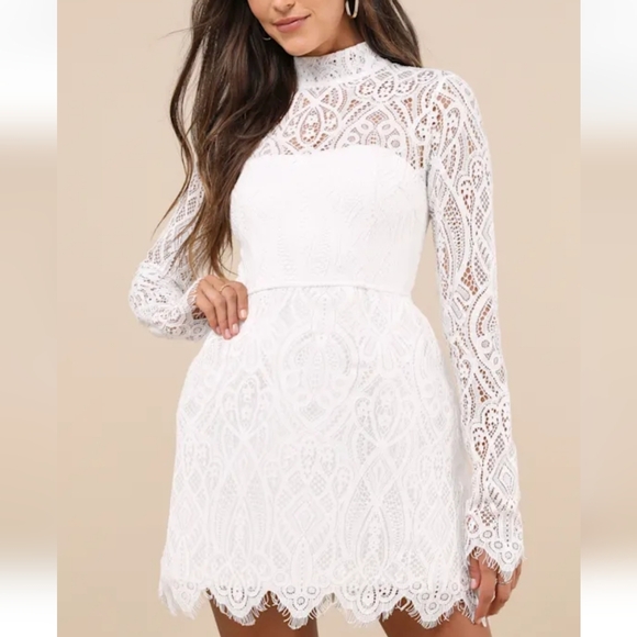 Lulus Dresses & Skirts - Lulus NWT Gorgeous Attraction White Lace Structured Long Sleeve Mini Dress XL